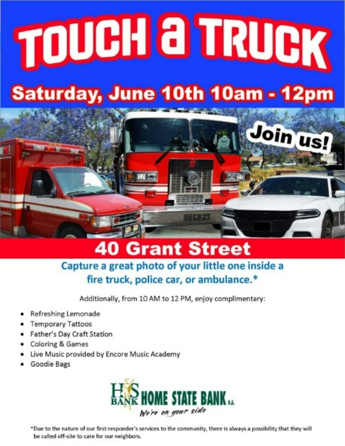Touch a Truck on June 10th from 10 am to noon.  picture of red ambulance white police car and red firetruck